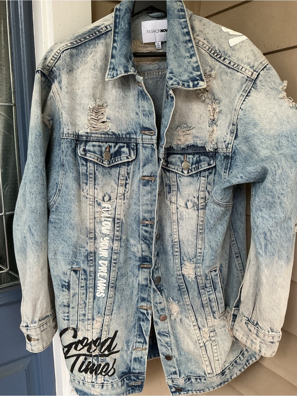 Fashion Nova Light Acid-Wash Distressed Denim Jacket - Light Blue